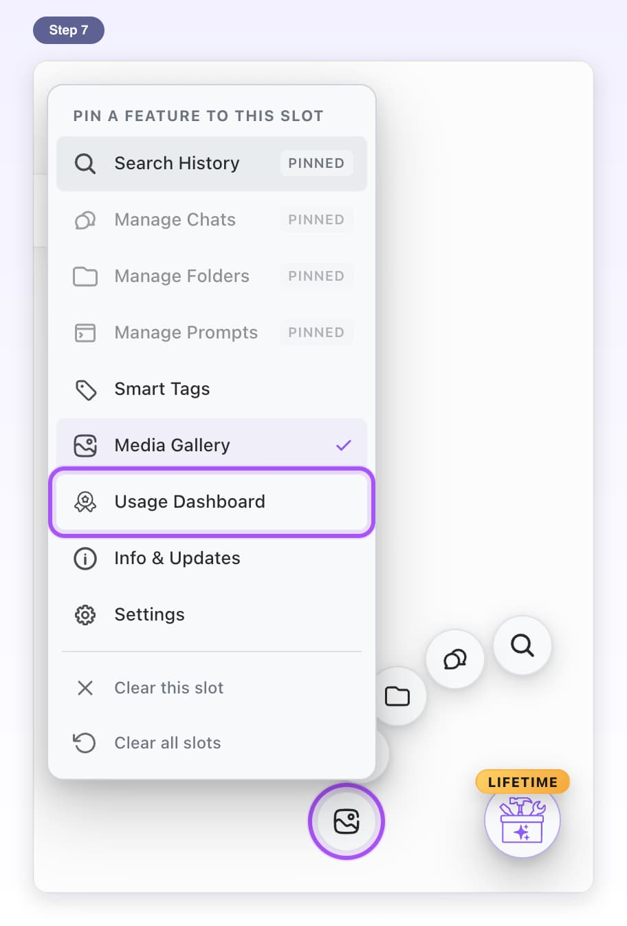 Right-clicking a quick button opens Pin a feature to this slot, with Usage Dashboard highlighted
