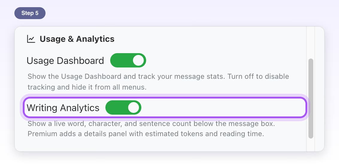 Usage & Analytics in Settings with the Writing Analytics switch highlighted