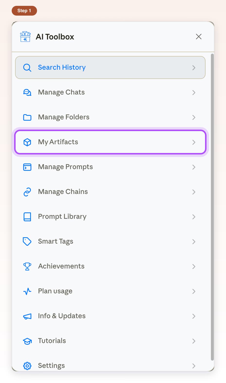 AI Toolbox feature list on Claude with the My Artifacts row highlighted