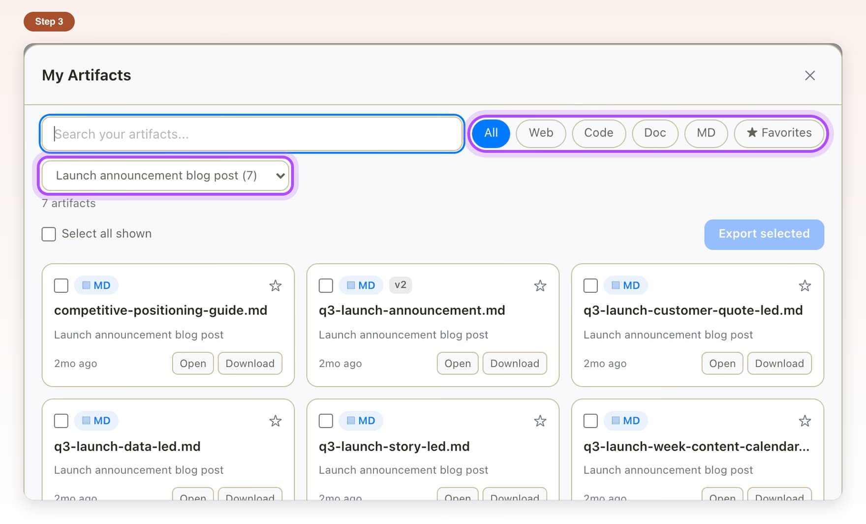 The chat menu set to one chat and the row of type buttons highlighted in My Artifacts