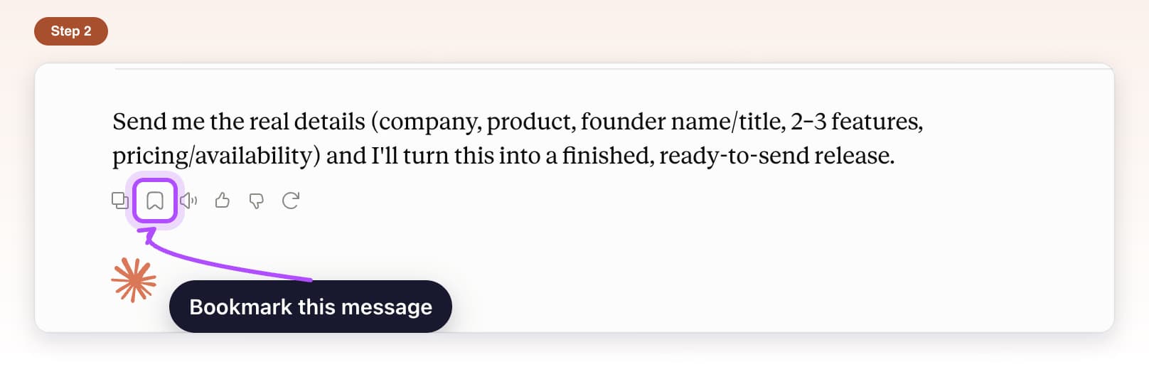 AI Toolbox bookmark icon right after Copy in the row of buttons under a Claude message