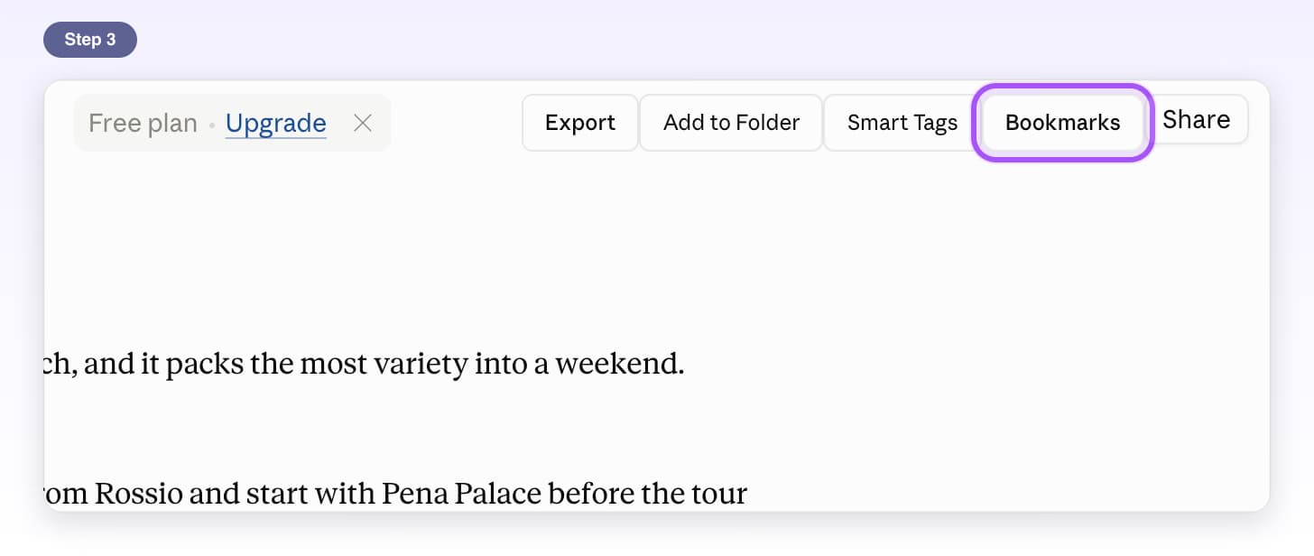 Bookmarks button highlighted at the top right of a Claude chat, next to Share