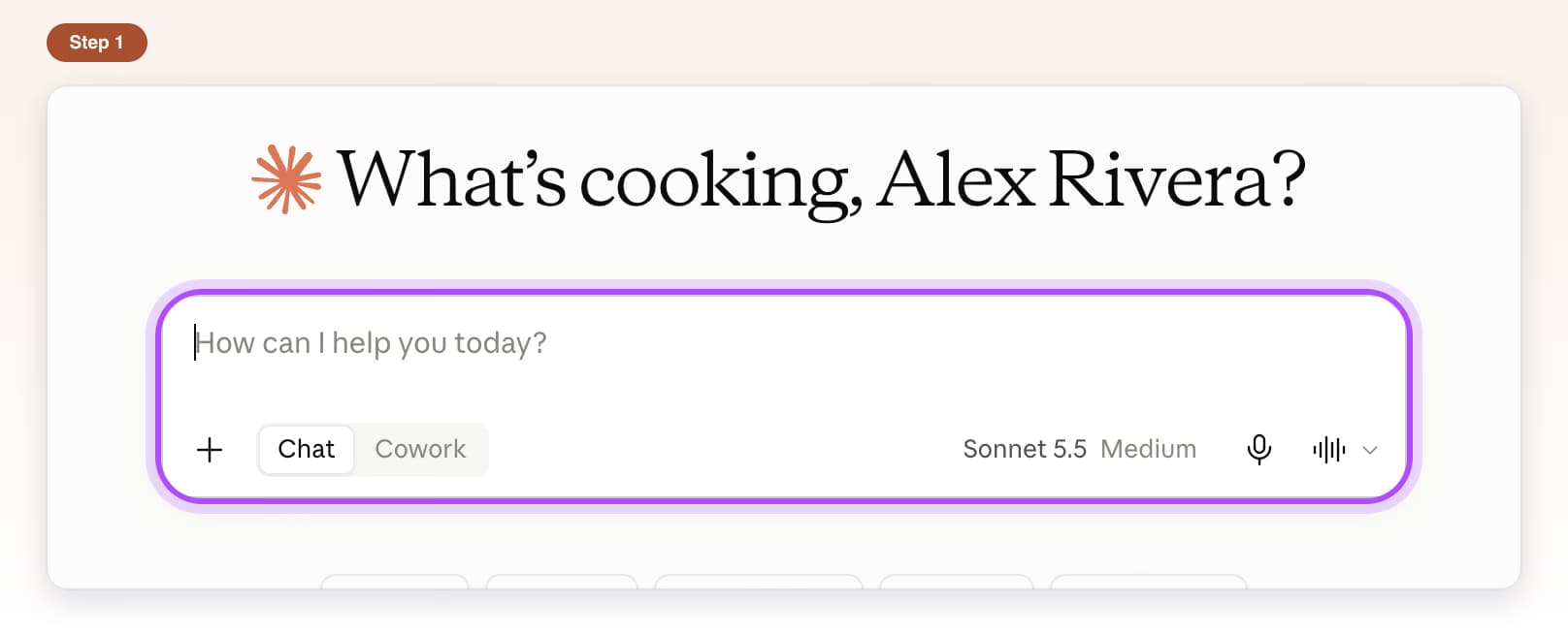 Claude's message box highlighted on a new chat page