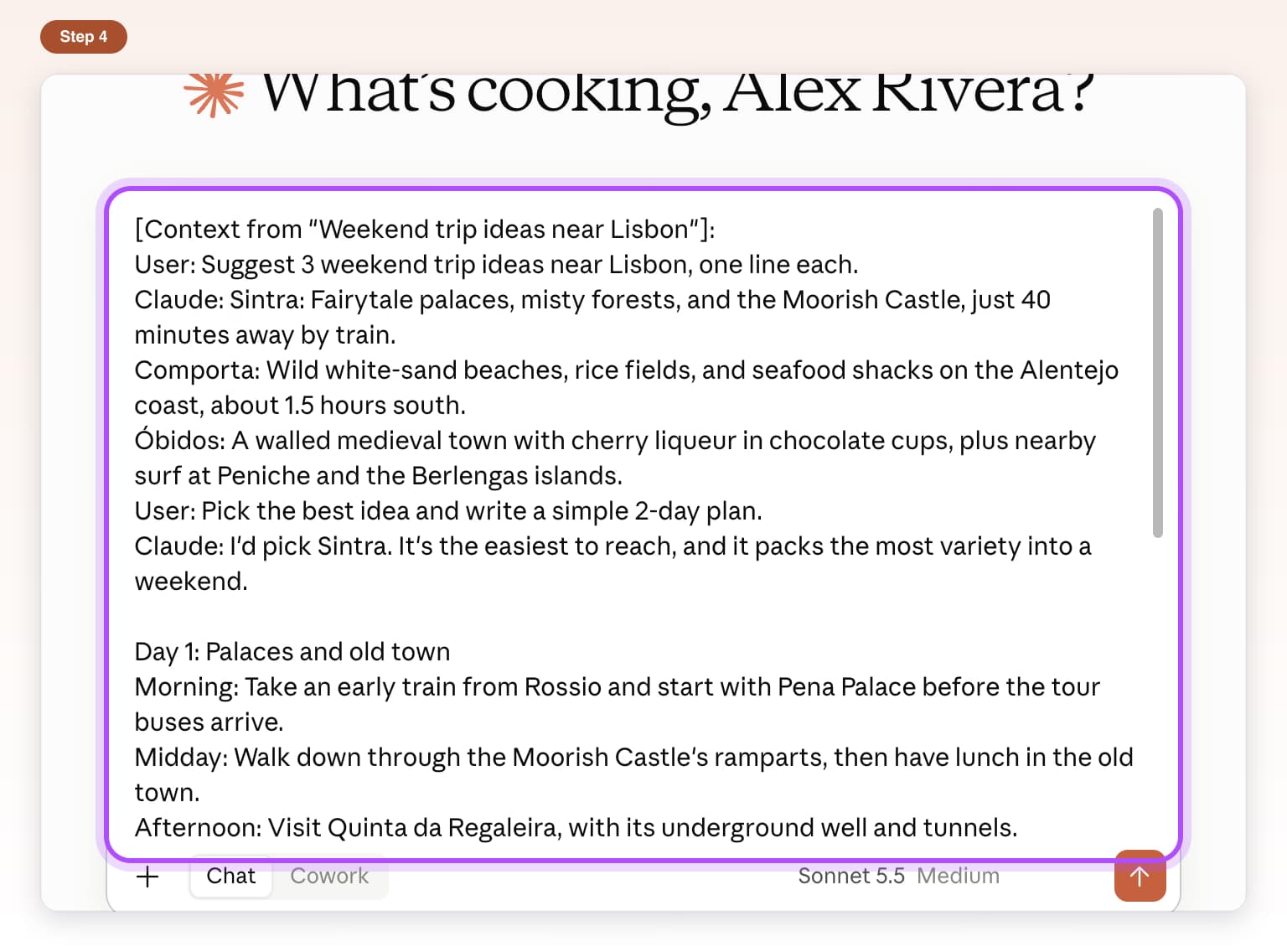 The picked chat is added to the message box, starting with Context from Weekend trip ideas near Lisbon