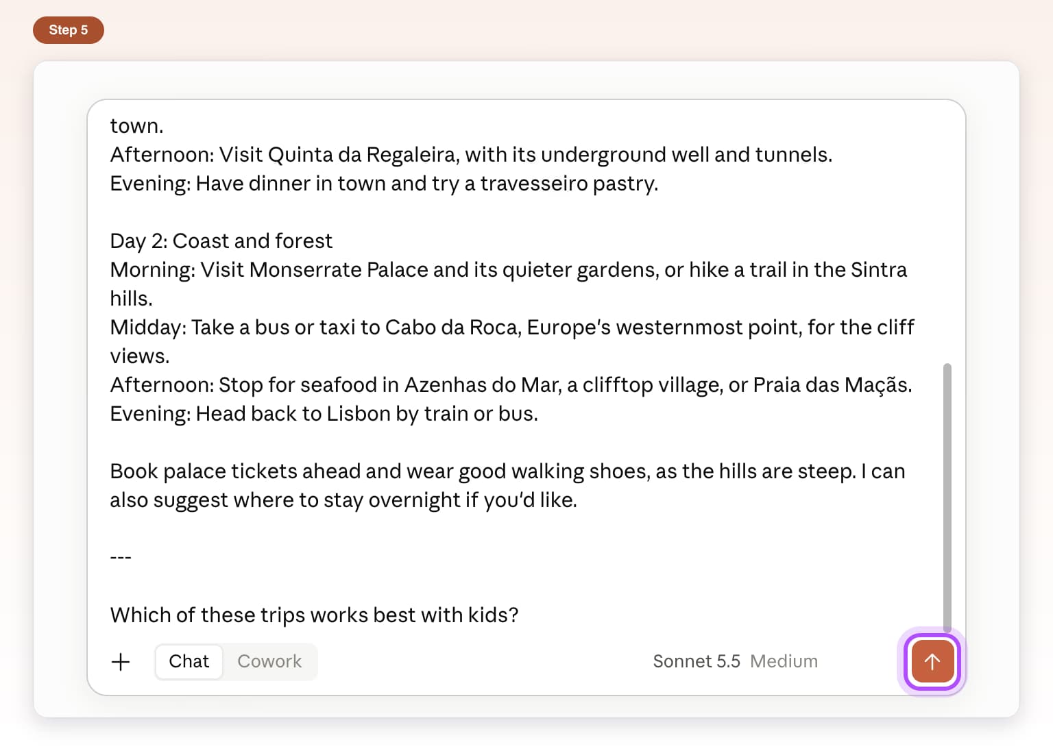 A question typed below the added chat, with the send button highlighted