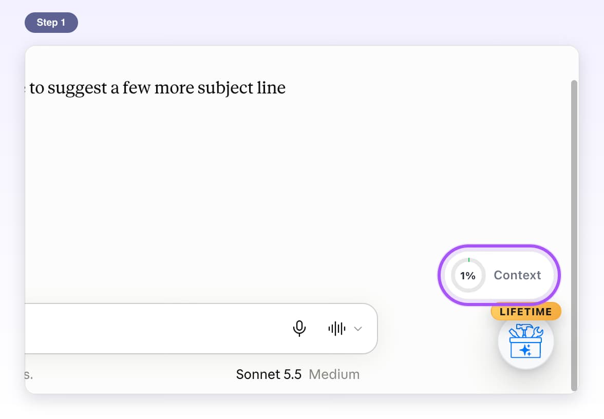 Context Meter ring with a percent just above the round AI Toolbox button and its LIFETIME label on Claude