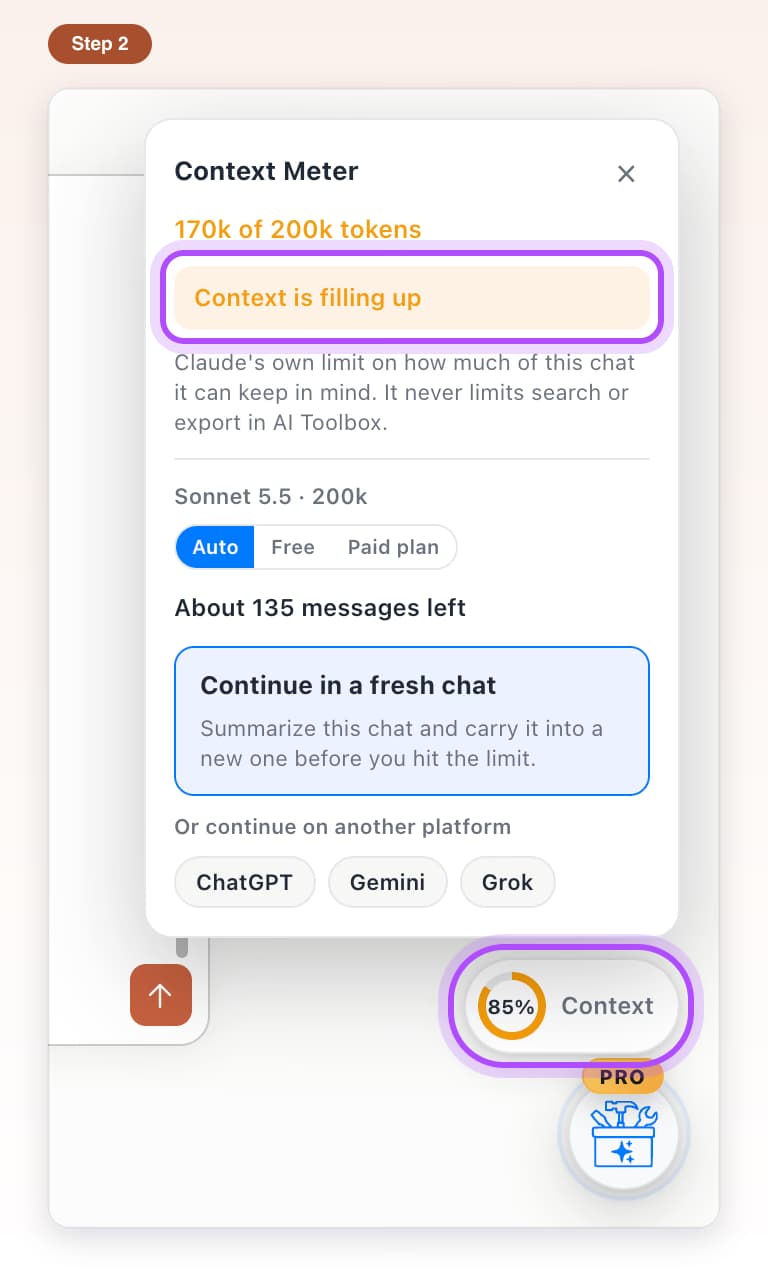 The Context Meter ring at 85% in orange, with the card open showing Context is filling up