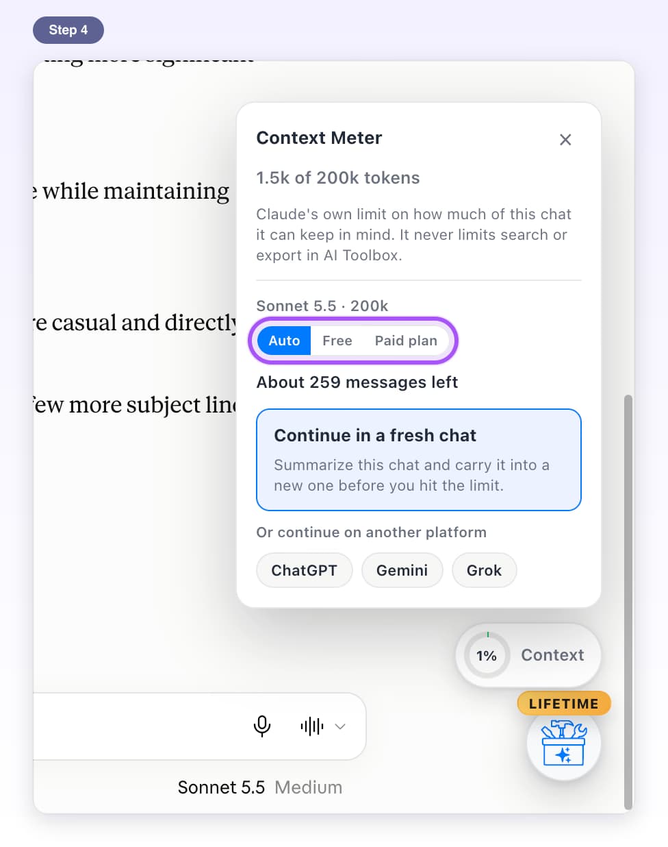 Auto, Free and Paid plan switch highlighted in the Context Meter card