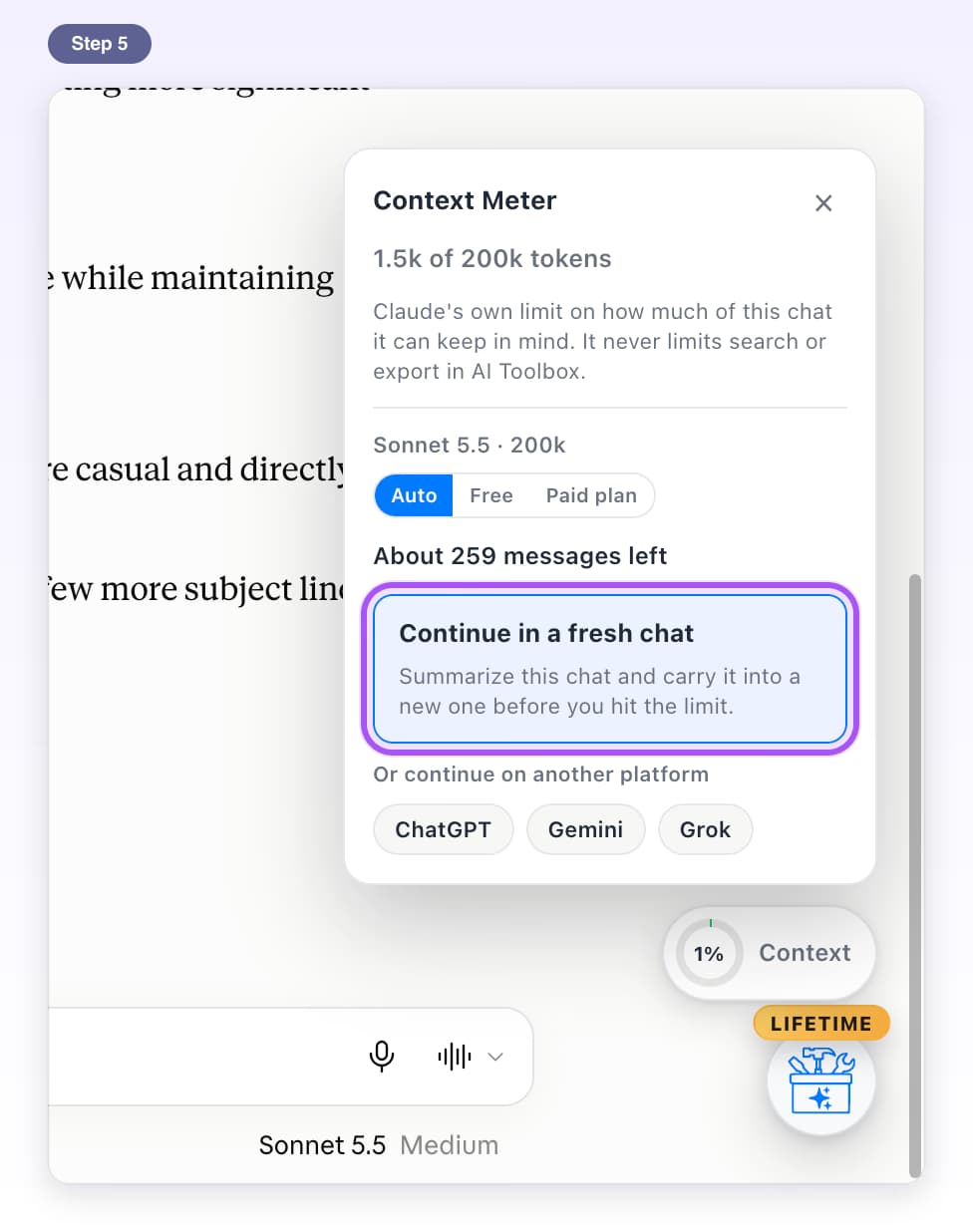 Continue in a fresh chat button highlighted in the Context Meter card
