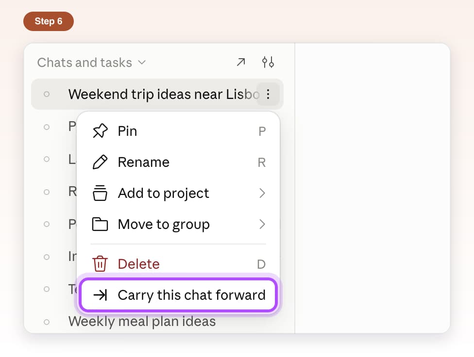 Claude's chat menu with Carry this chat forward highlighted at the bottom