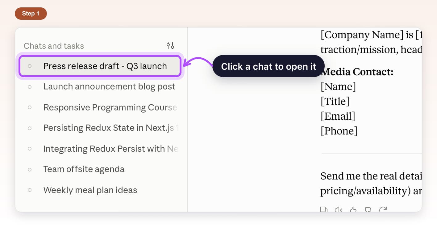 Chat list on the left side of Claude with one chat highlighted
