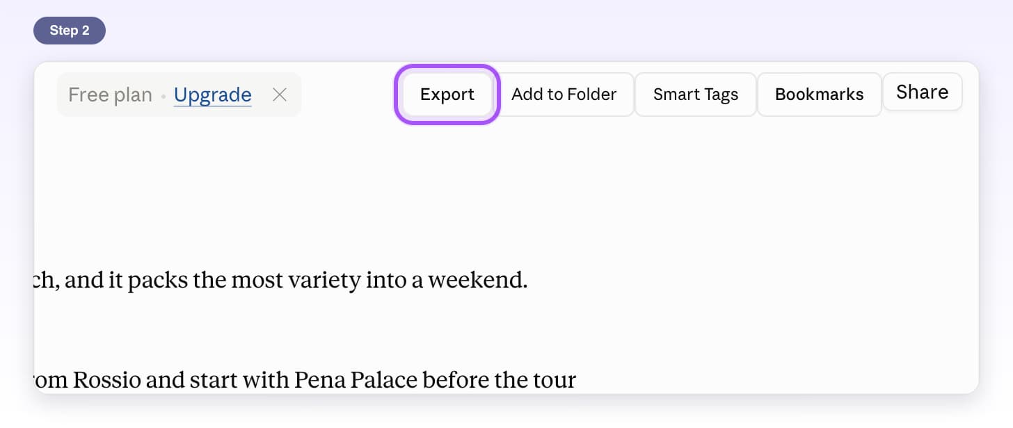 Export button highlighted at the top right of a Claude chat, next to Add to Folder, Smart Tags, Bookmarks and Share