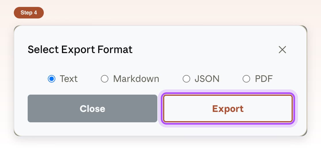 Export button highlighted at the bottom of the Select Export Format window