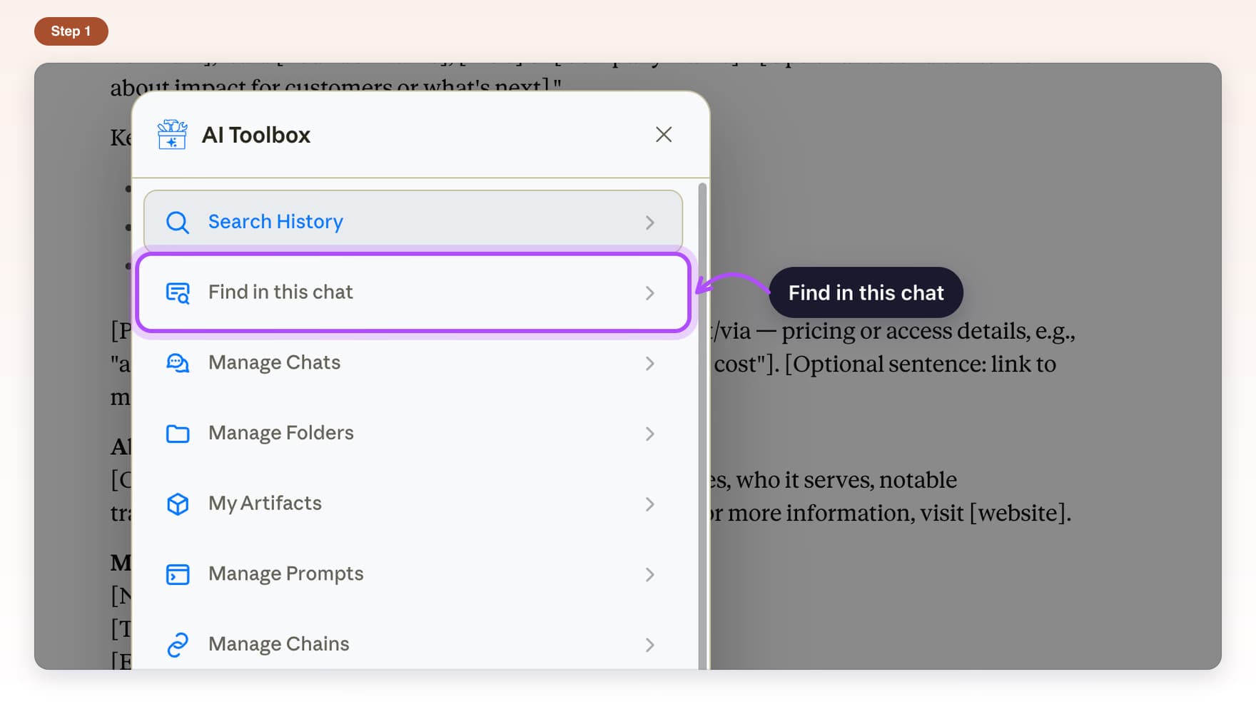 The AI Toolbox list on Claude with Find in this chat highlighted, right under Search History