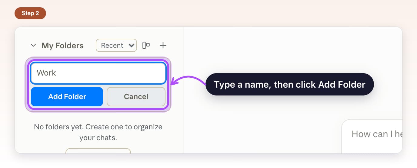 New folder name box under My Folders with Work typed and the Add Folder button