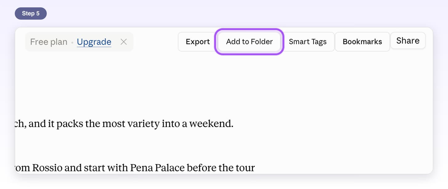 Add to Folder button highlighted at the top right of a Claude chat, next to Export, Smart Tags and Share
