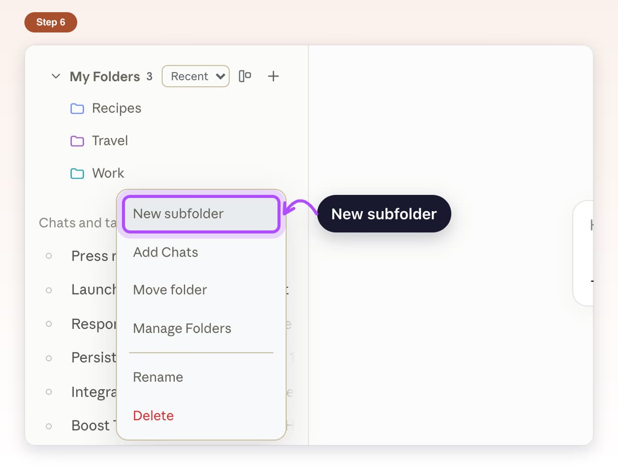 Folder menu with New subfolder highlighted