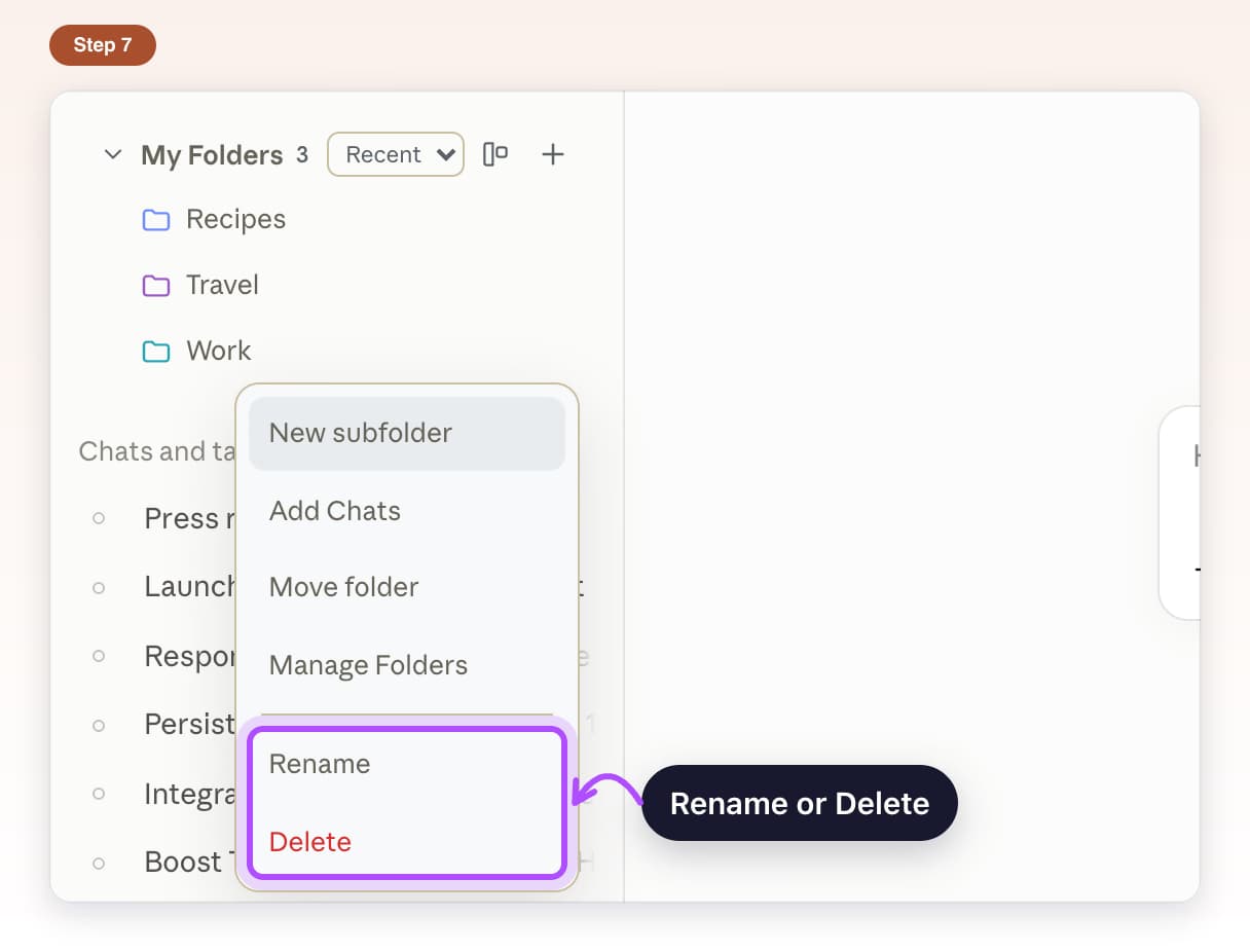 Folder menu with Rename and Delete highlighted at the bottom