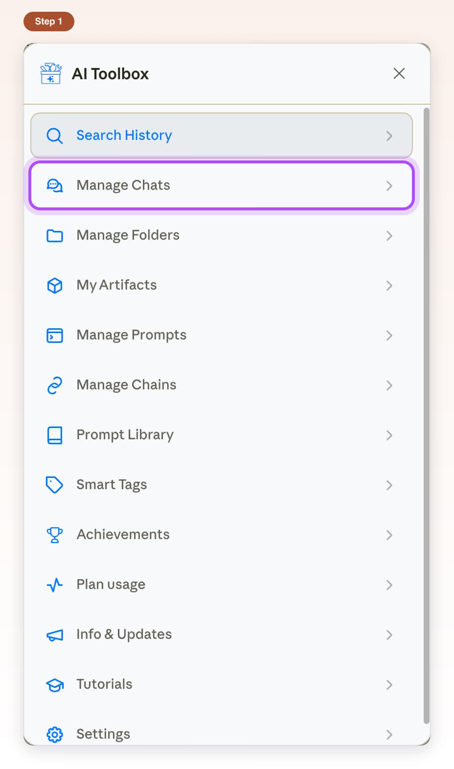 AI Toolbox feature list on Claude with the Manage Chats row highlighted