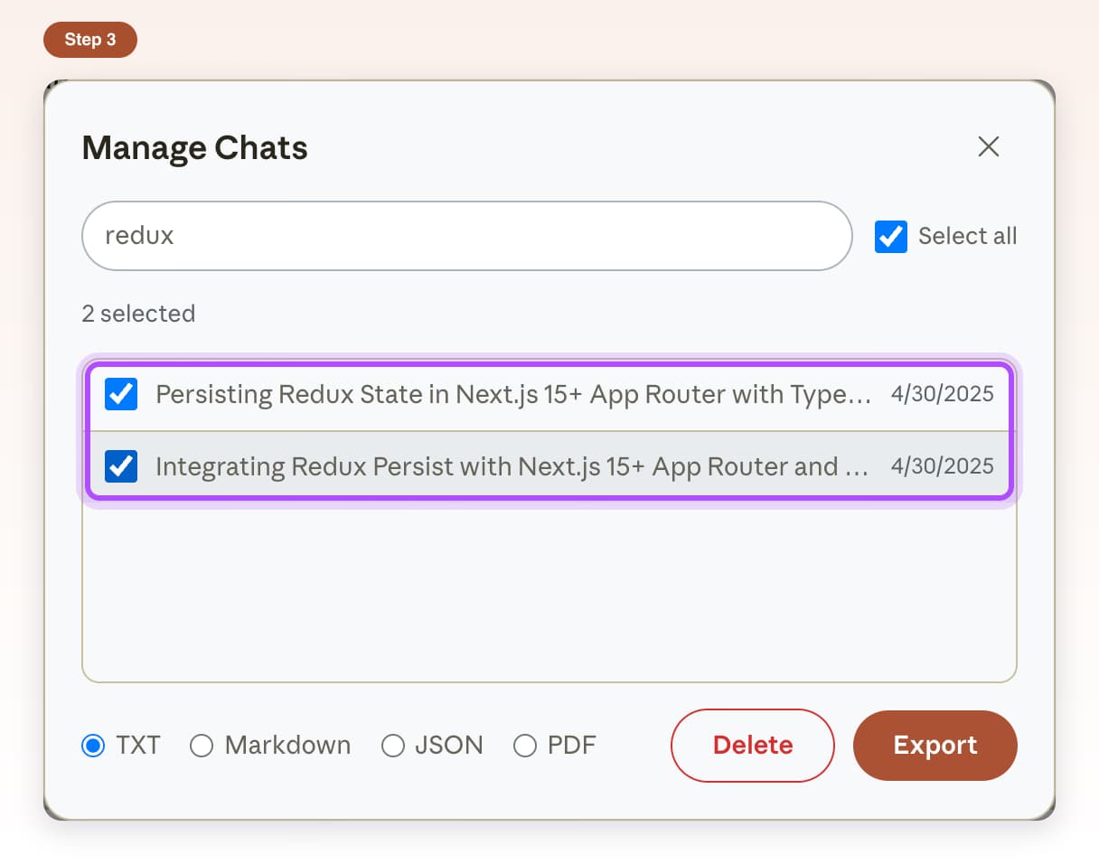Two chats ticked in Manage Chats, with 2 selected shown above the list