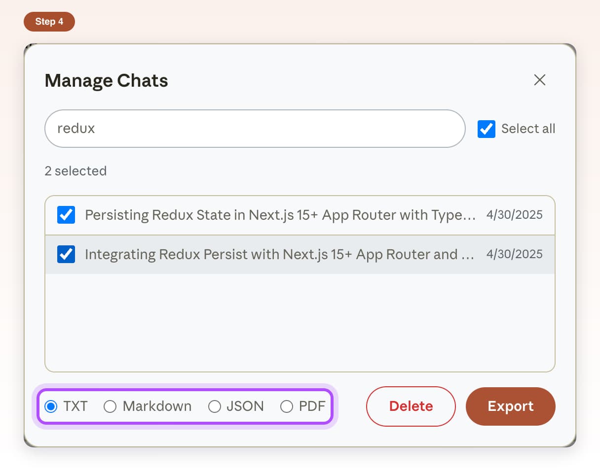 File format choices TXT, Markdown, JSON and PDF highlighted at the bottom of Manage Chats