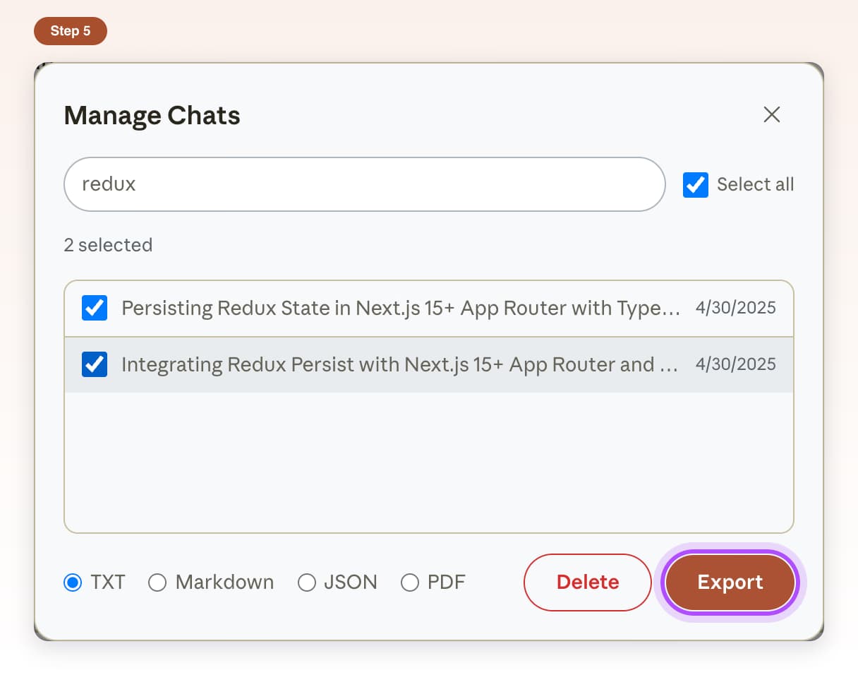 Export button highlighted at the bottom right of Manage Chats