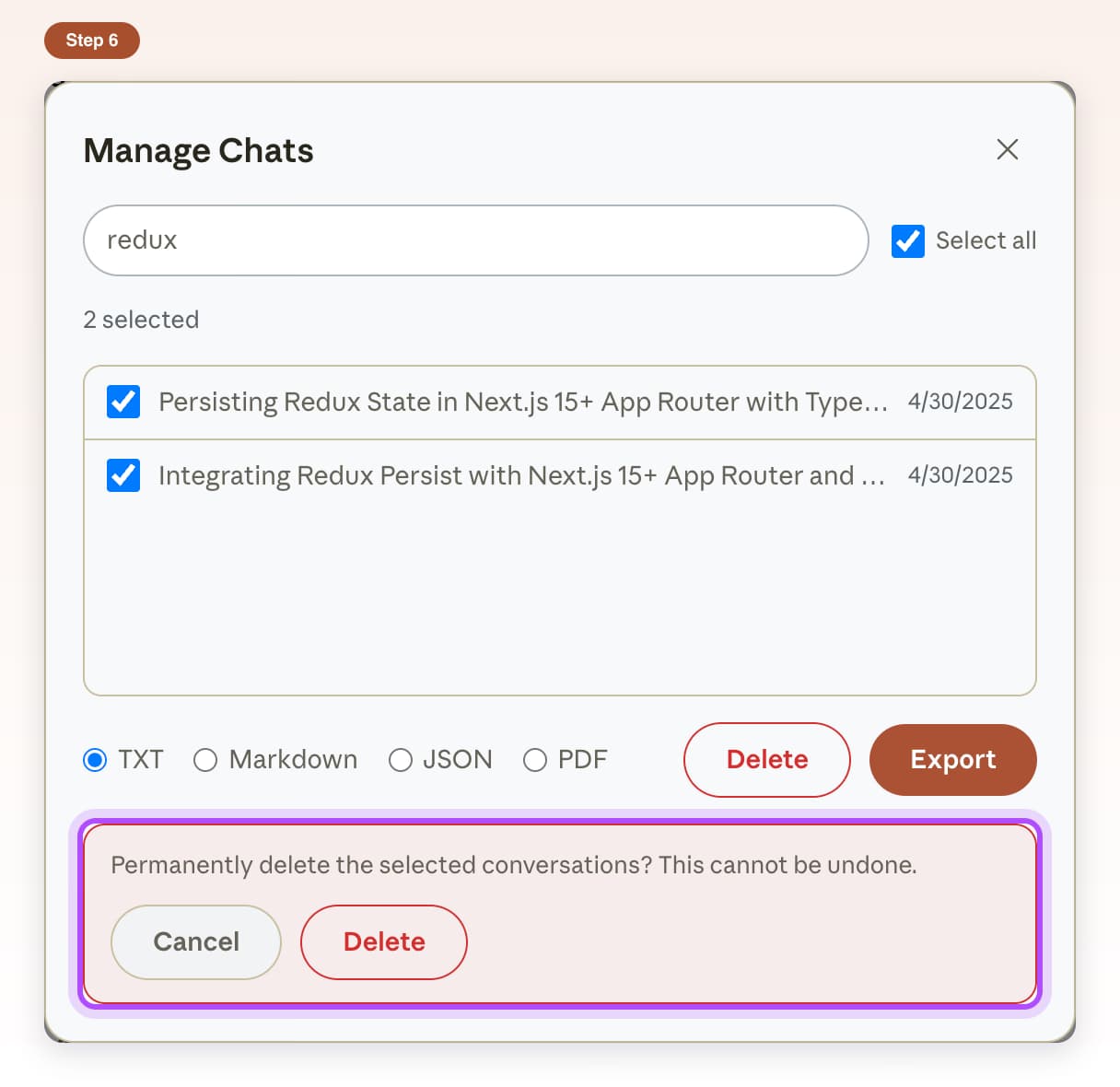 Delete confirmation bar asking to permanently delete the selected chats, with Cancel and Delete