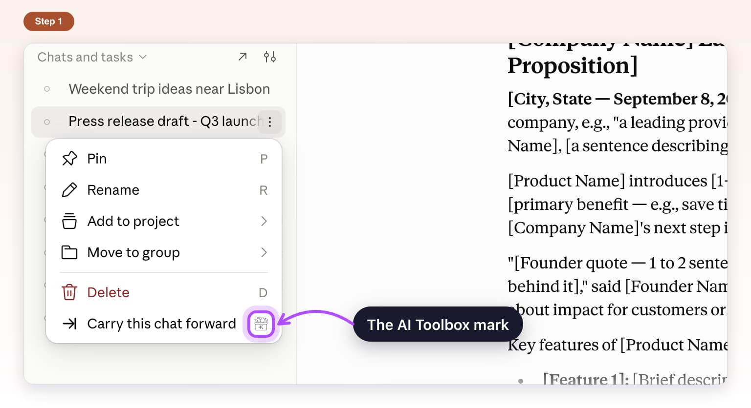 A Claude chat's menu with the AI Toolbox mark highlighted at the end of Carry this chat forward