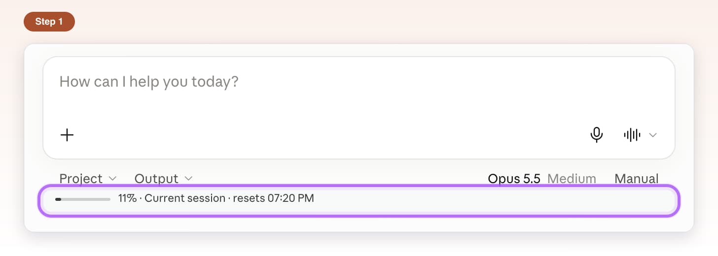 Thin AI Toolbox usage bar under Claude's message box showing 11% of the current session and its reset time