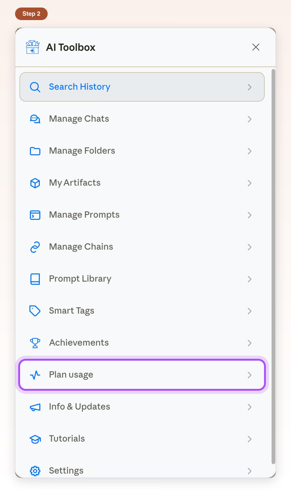 AI Toolbox feature list on Claude with the Plan usage row highlighted
