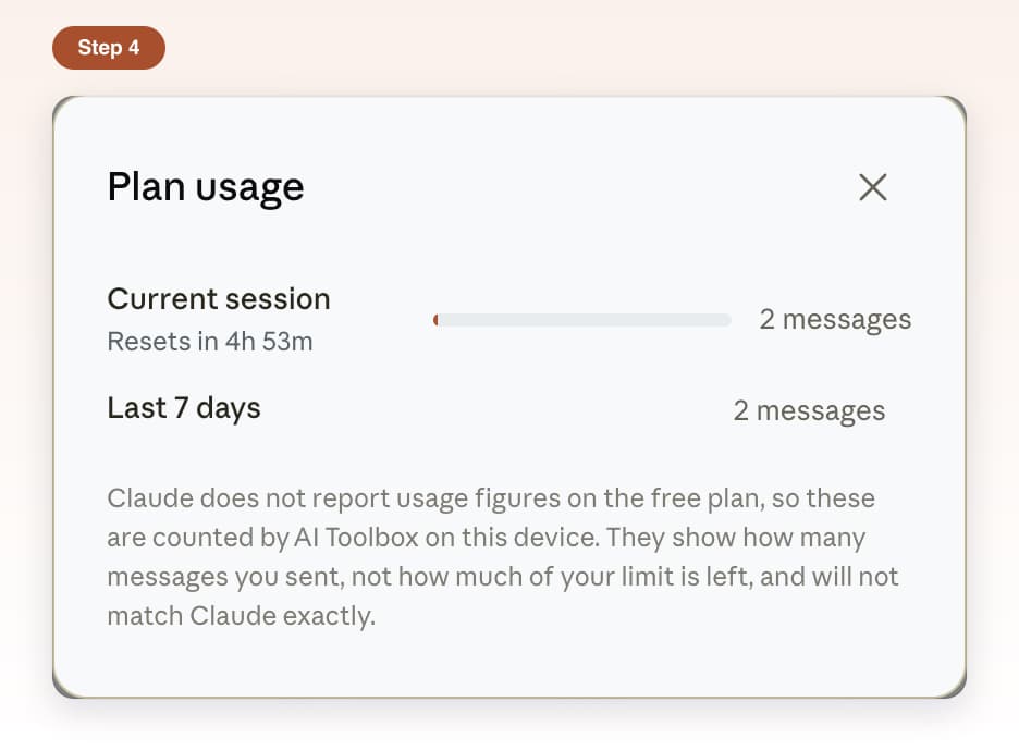 Plan usage window on a free Claude plan with Current session and Last 7 days message counts
