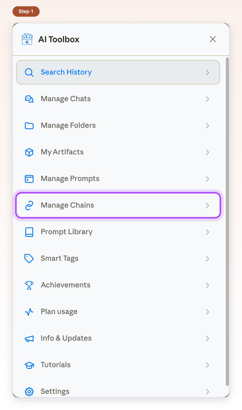 AI Toolbox feature list on Claude with the Manage Chains row highlighted