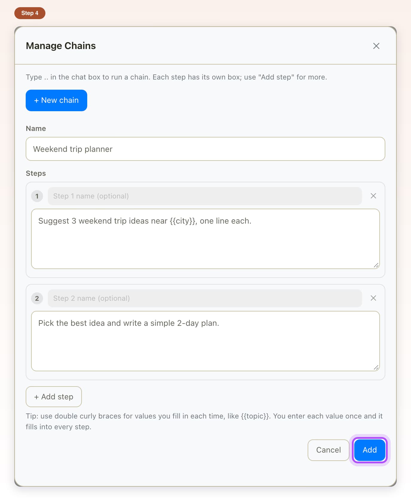 Filled chain form with the Add button highlighted at the bottom