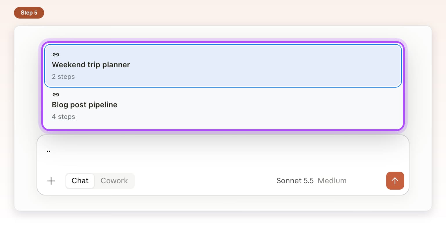 Two dots typed in Claude's message box and the saved chains listed above it