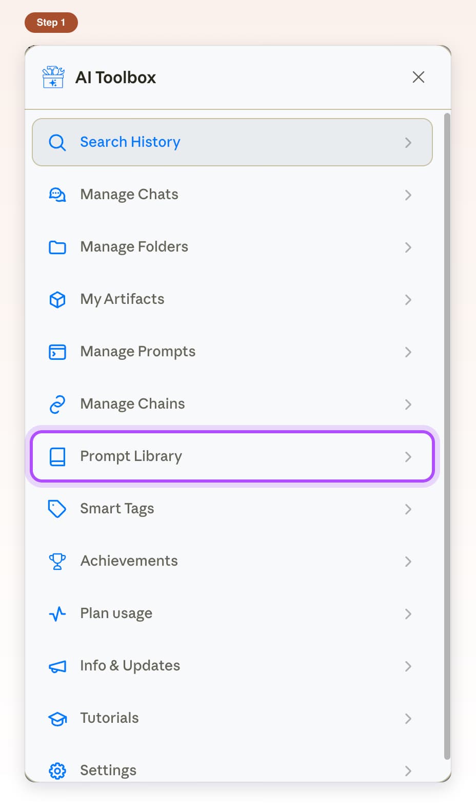AI Toolbox feature list on Claude with the Prompt Library row highlighted