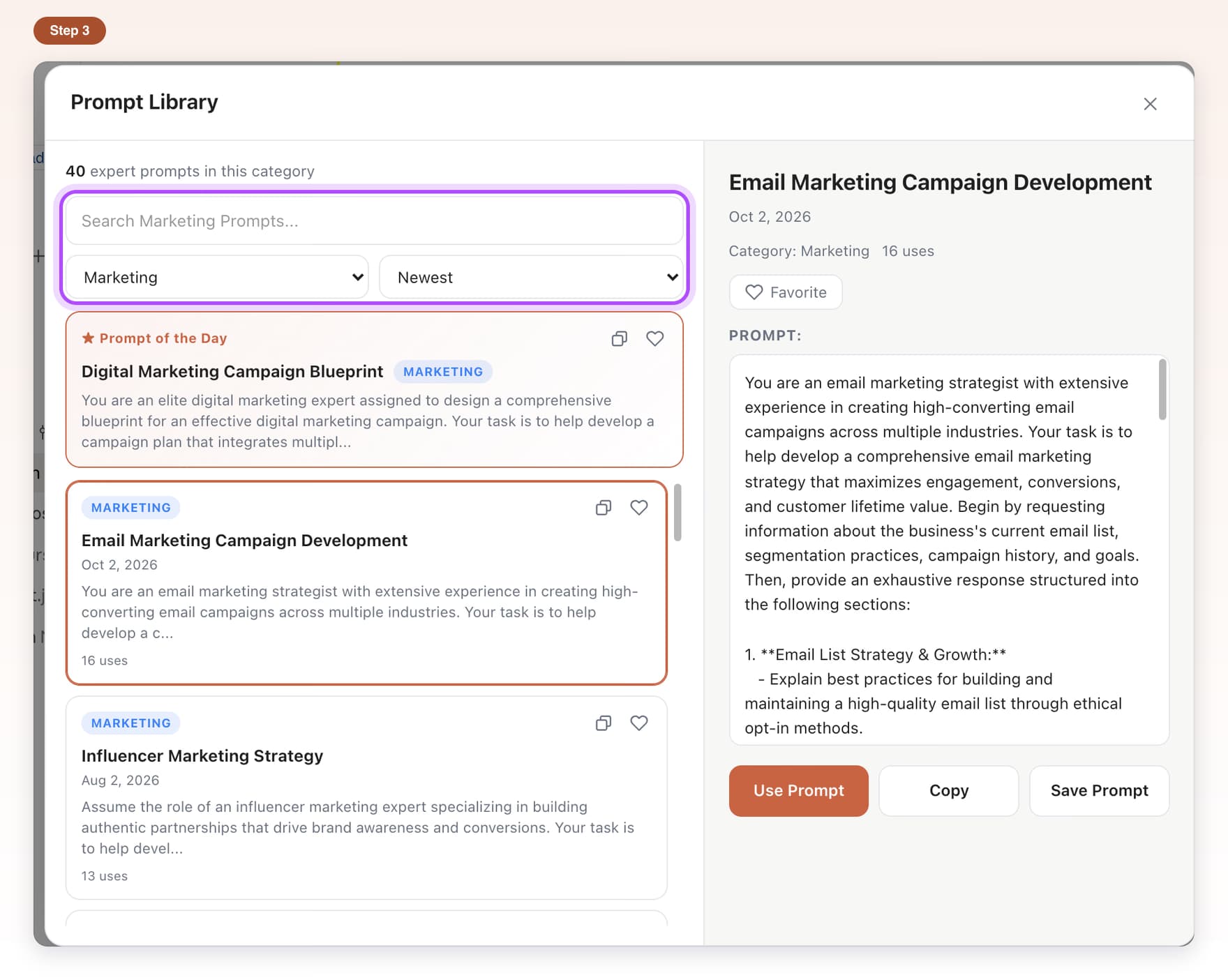 Search box and the Newest sort menu highlighted in the Prompt Library