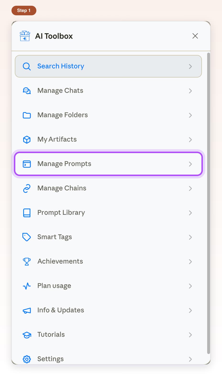 AI Toolbox feature list on Claude with the Manage Prompts row highlighted
