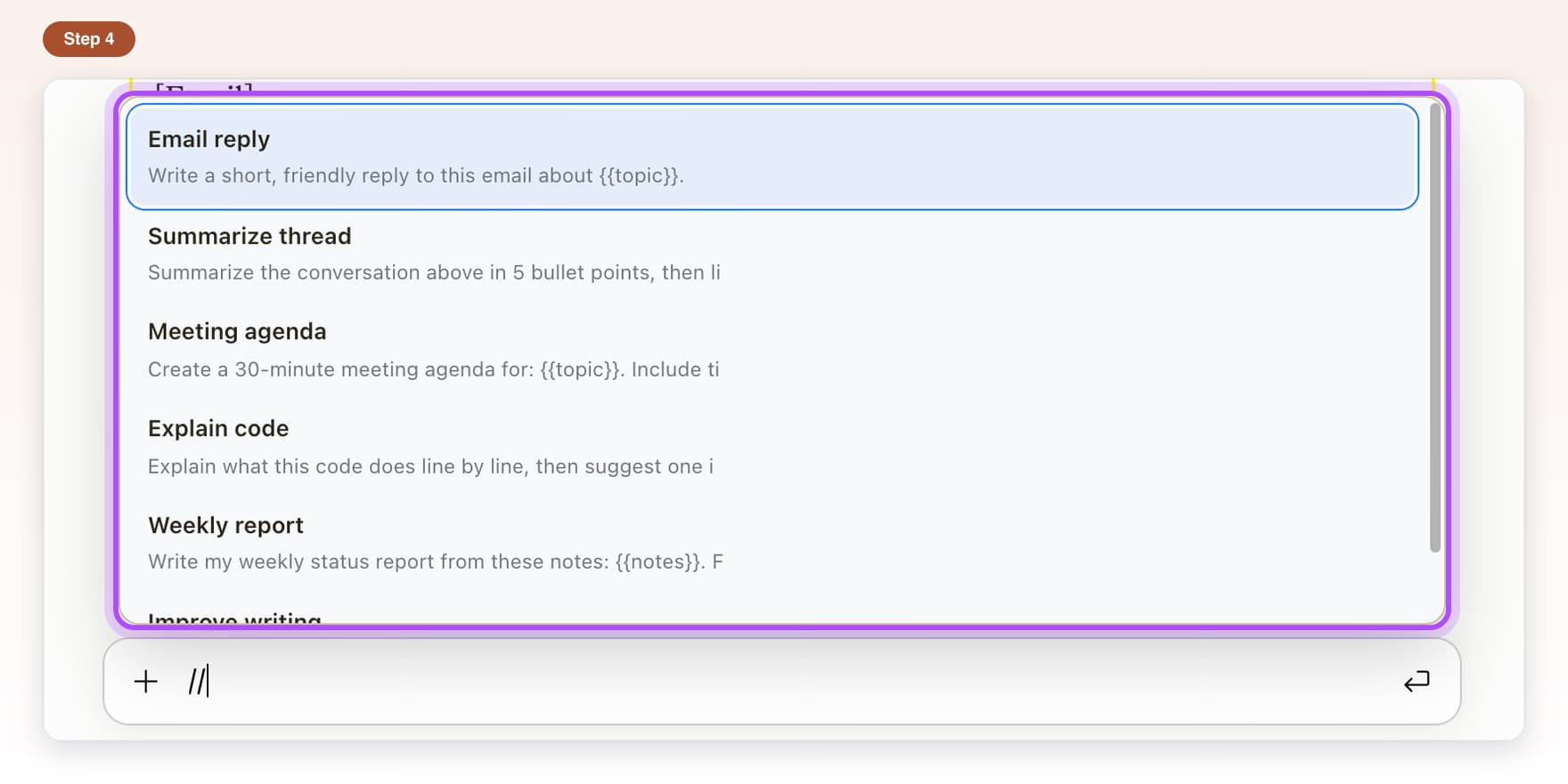 Two slashes typed in Claude's message box and the list of saved prompts above it