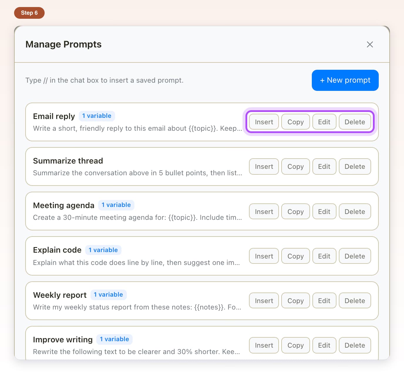 Manage Prompts on Claude with the Insert, Copy, Edit and Delete buttons of one prompt highlighted