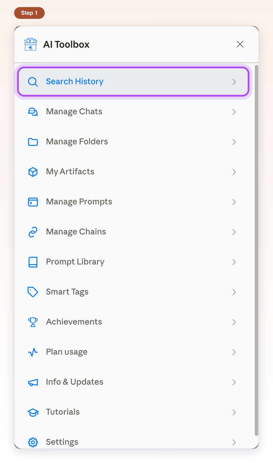 AI Toolbox feature list on Claude with the Search History row highlighted