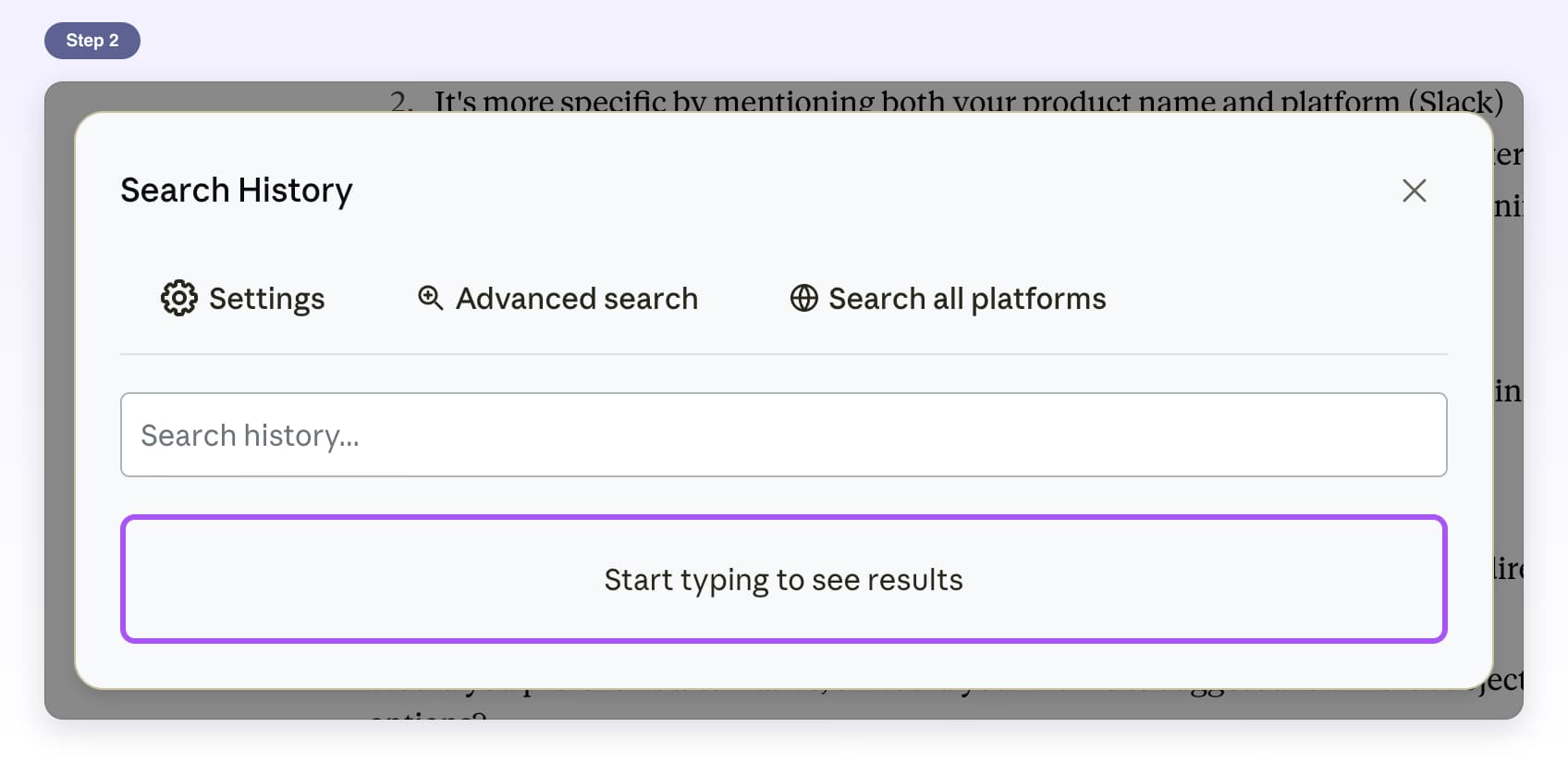 Search History window on Claude with Start typing to see results highlighted under the search box