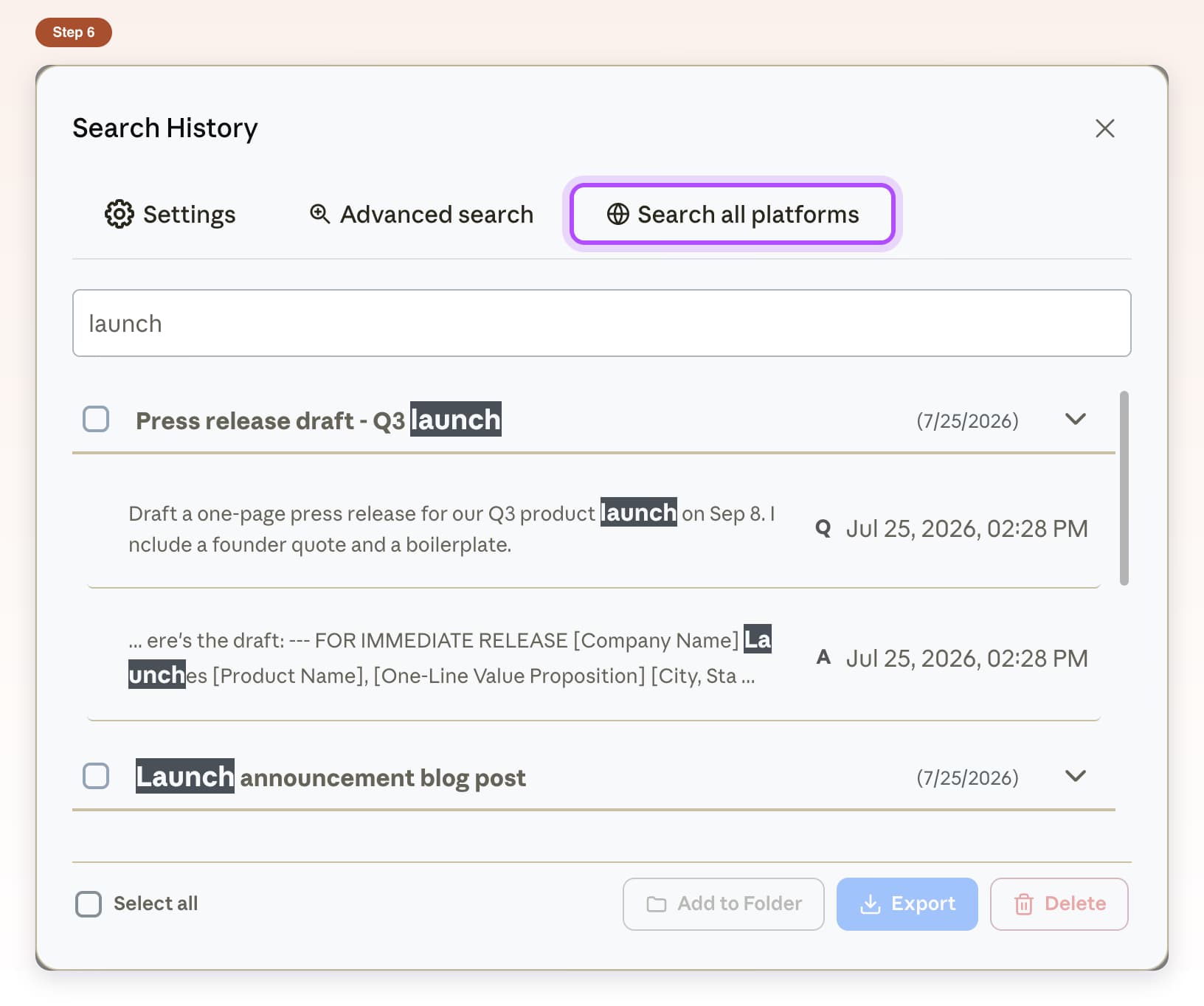 Search all platforms button at the top of the Search History window