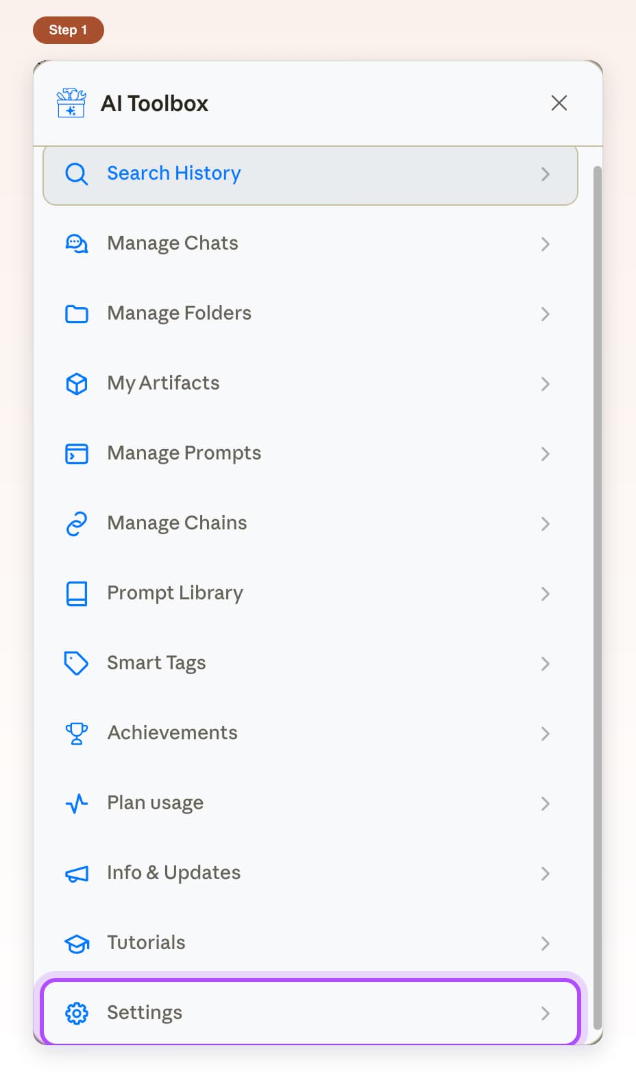 AI Toolbox feature list on Claude with the Settings row highlighted