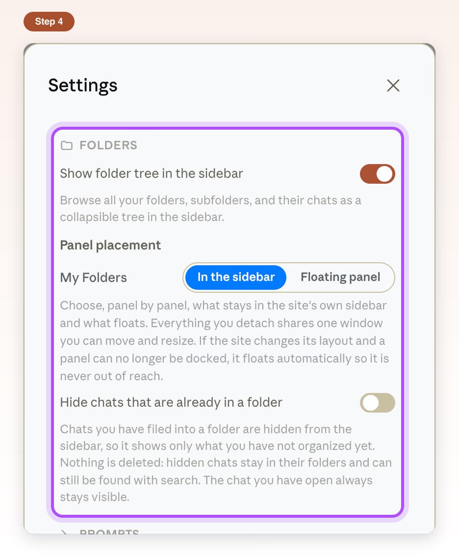 The Folders section in Settings with the folder tree switch, Panel placement and Hide chats that are already in a folder