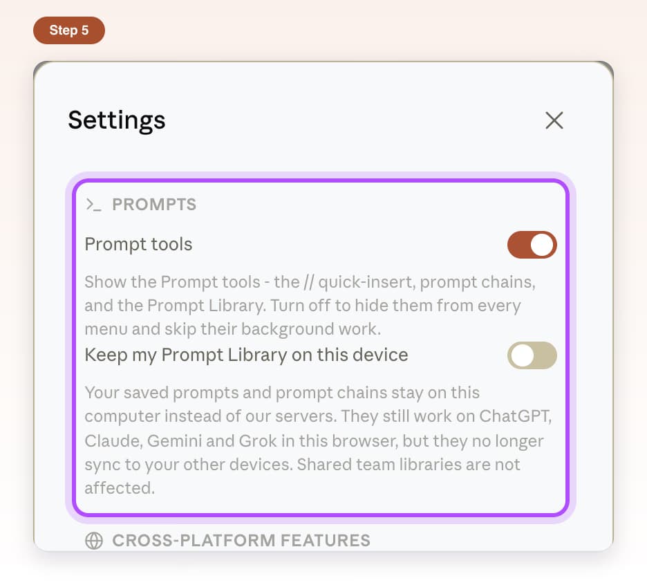 The Prompts section in Settings with the Prompt tools switch and Keep my Prompt Library on this device