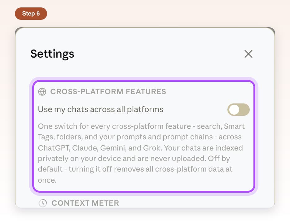 The Cross-platform features section in Settings with the Use my chats across all platforms switch turned off