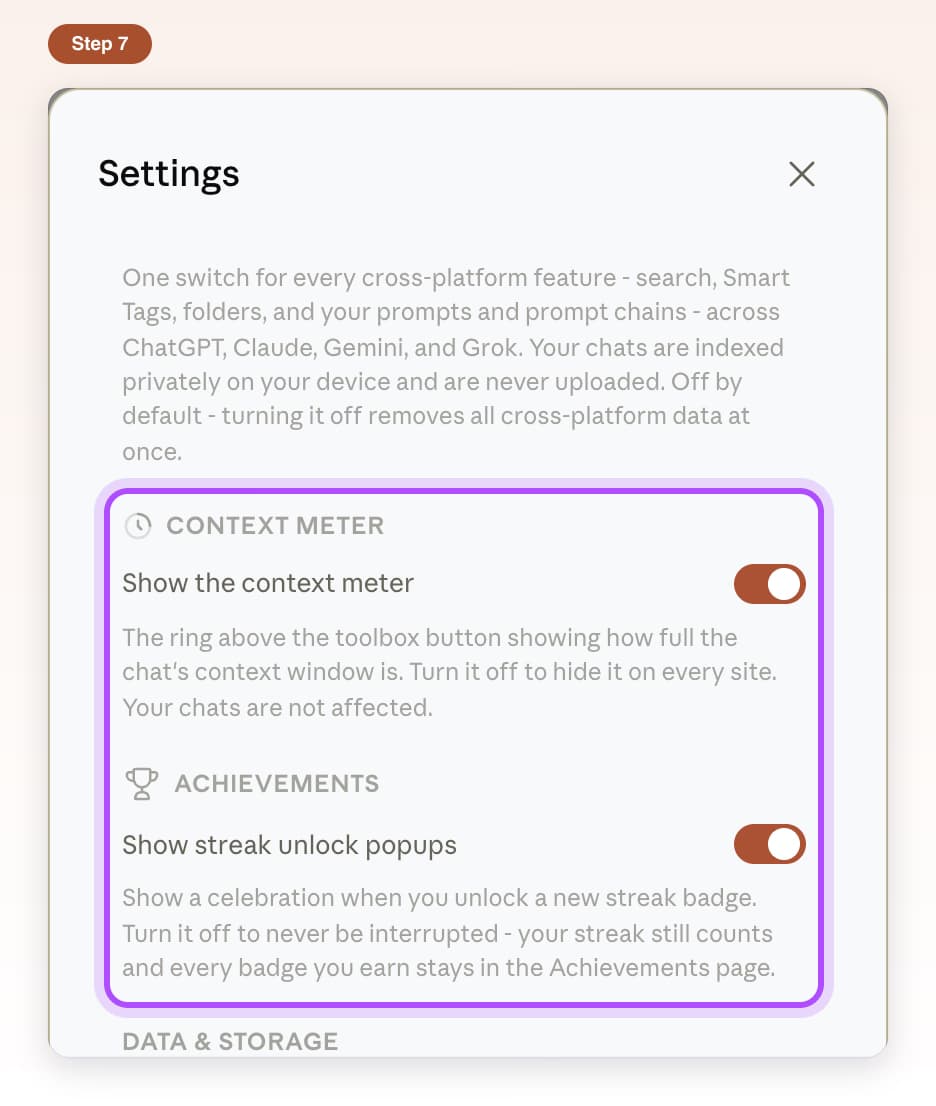 The Context Meter and Achievements sections in Settings, each with its switch