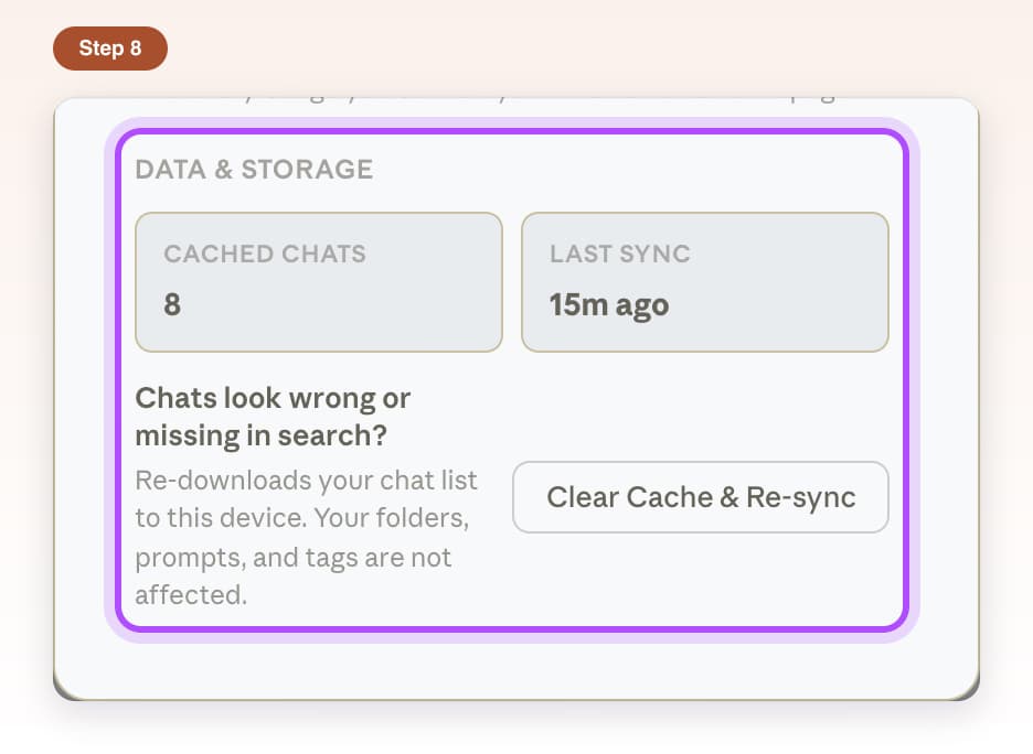The Data and Storage section in Settings with Cached Chats, Last Sync and the Clear Cache and Re-sync button