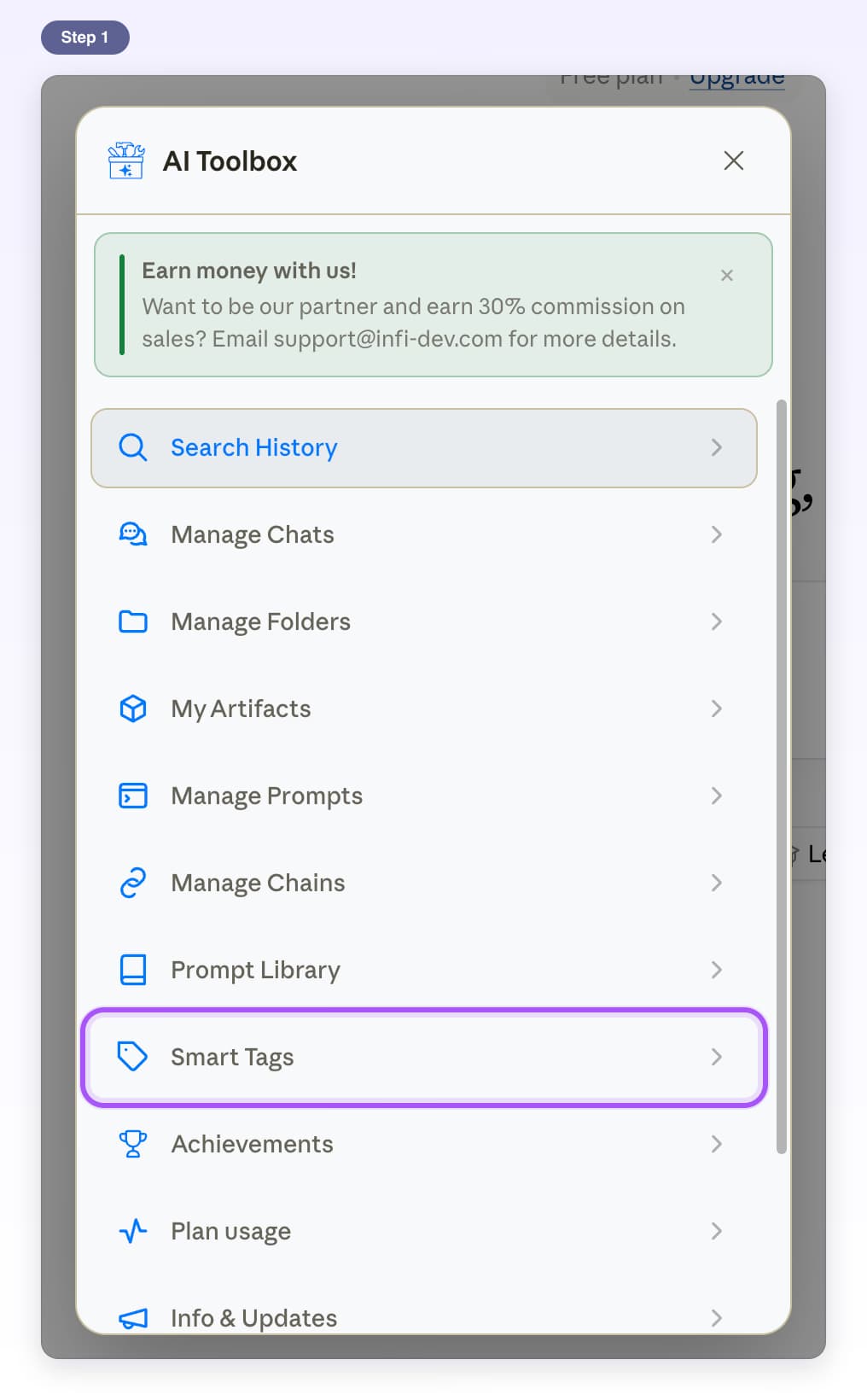 AI Toolbox feature list on Claude with the Smart Tags row highlighted