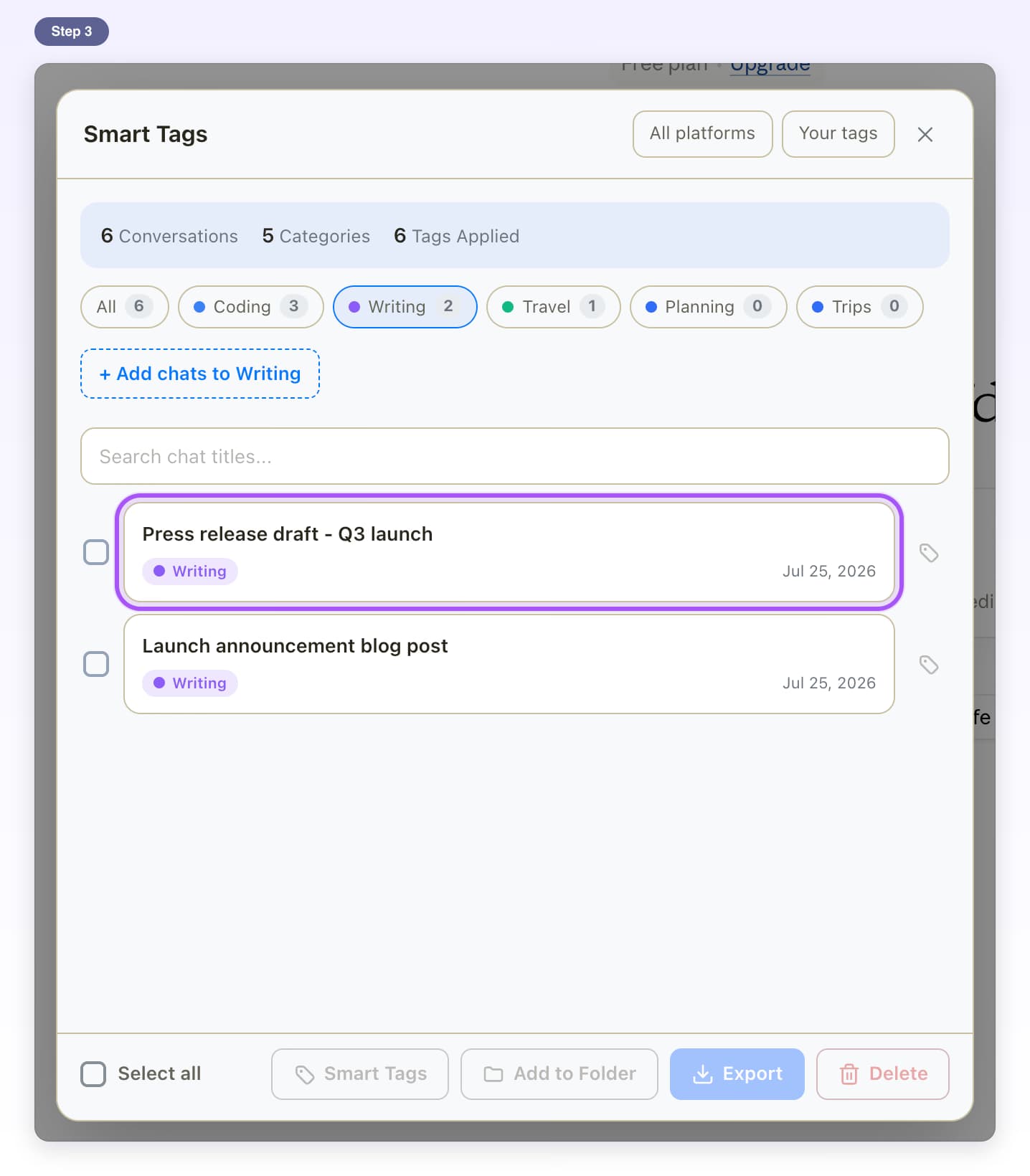 A chat card highlighted in the Smart Tags list, with the small tag button on the right of its row